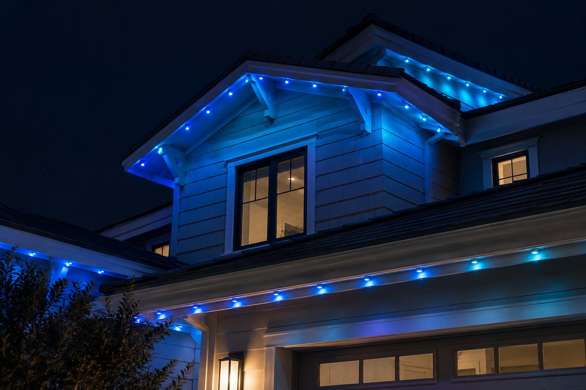 Permanent accent lighting washing a Silicon Valley home in cool blue