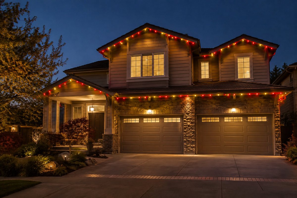 Two-story home lit in bold team colors with permanent smart lights