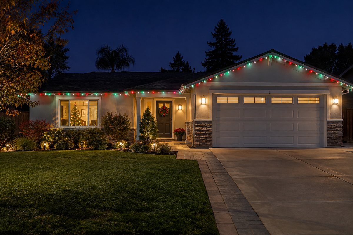 Ranch home in San Jose with permanent holiday lights in red, green and white