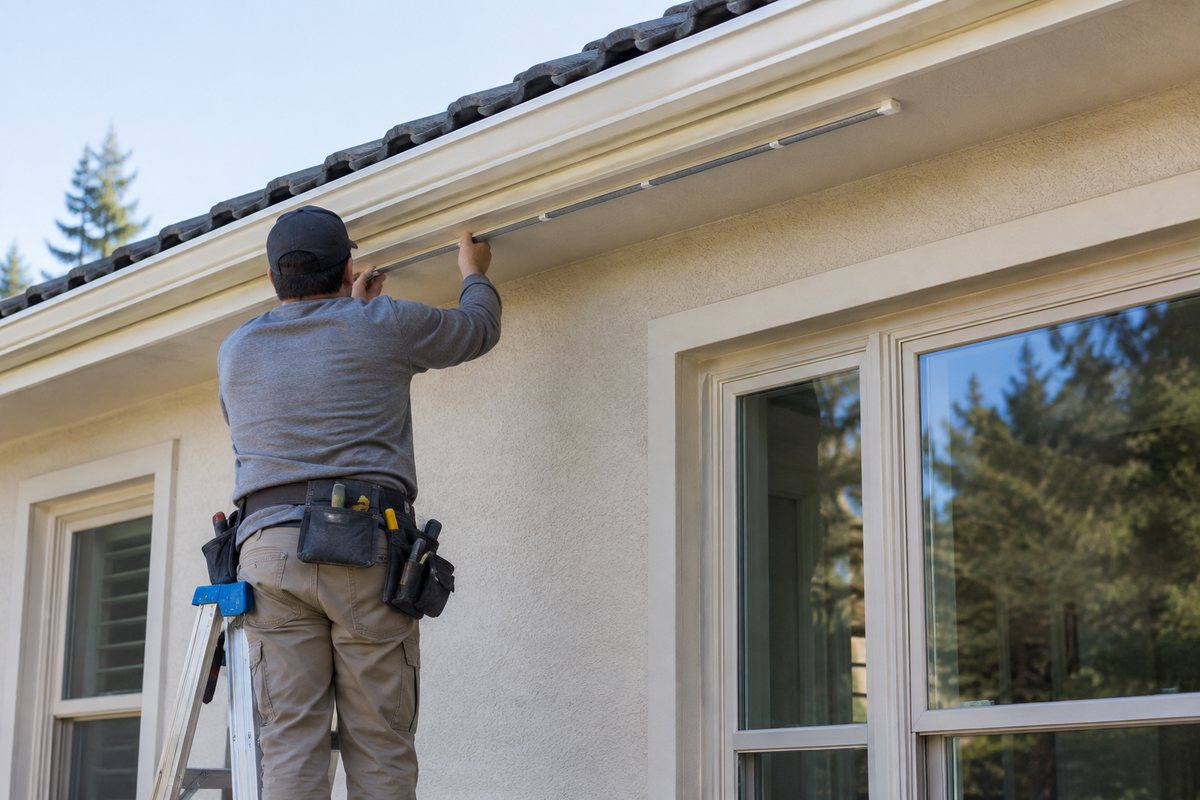 Installer mounting a low-profile permanent LED light track under a San Jose eave