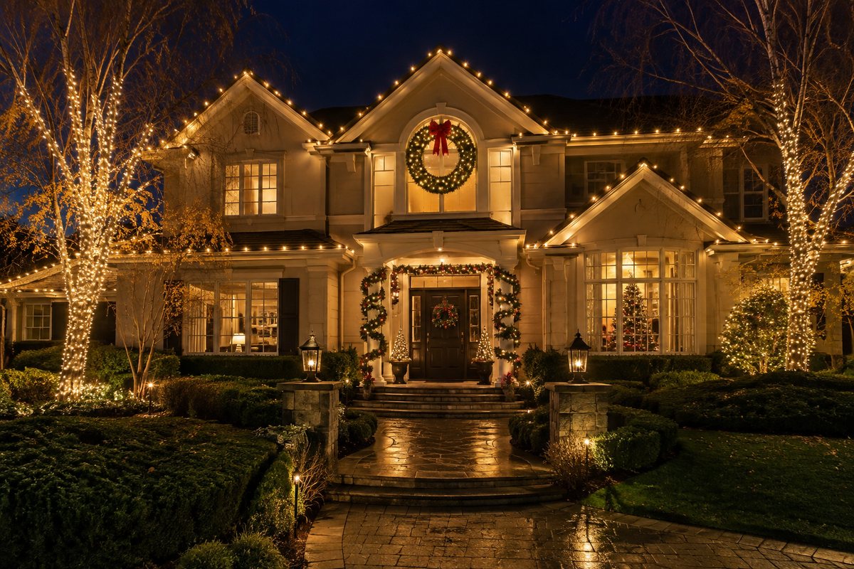Cupertino, CA home glowing with warm permanent roofline lighting