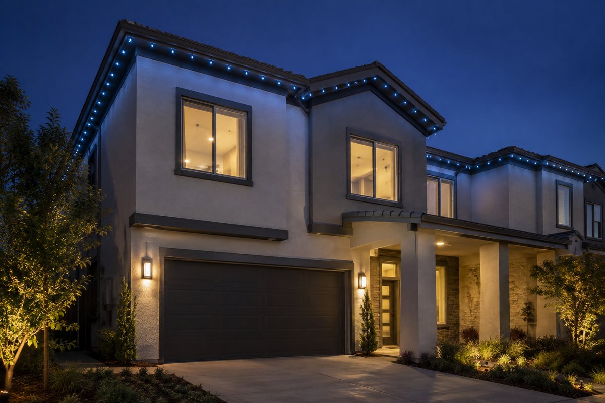 Contemporary Santa Clara, CA home with soft white permanent lights at night