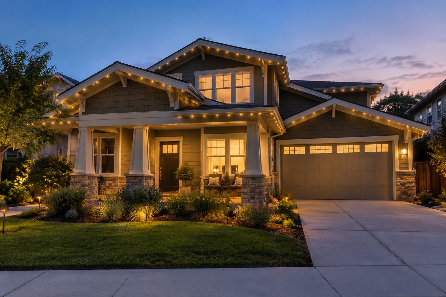 Craftsman home in the Silicon Valley service area with warm white permanent lights