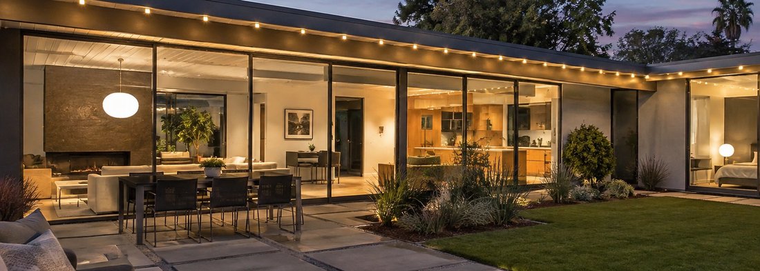 Modern patio and roofline glowing with warm permanent smart lighting